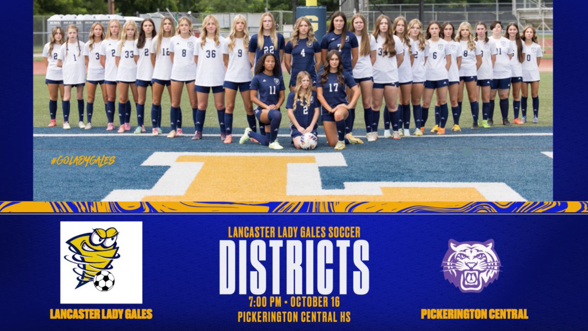 PLAYOFFS start tonight! ⚽⚽⚽

💙💛 Come support your Lancaster Lady Gales tonight as they take on the Pickerington Central Tigers in the first round of the District tournament. The game begins at 7:00 PM at Pickerington Central High School. Let's go Gales!

#GoLadyGales