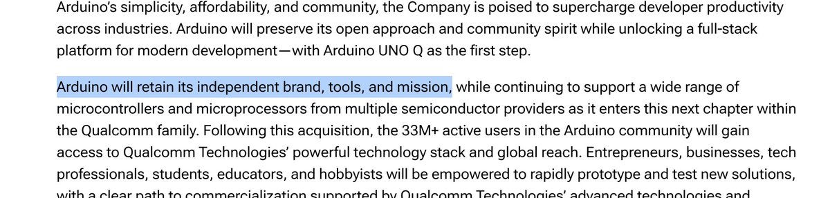 Kelset's tweet image. WOAH Arduino is joining Qualcomm 🤯
I really hope that they will *really* retain their #opensource DNA
🔗 qualcomm.com/news/releases/…