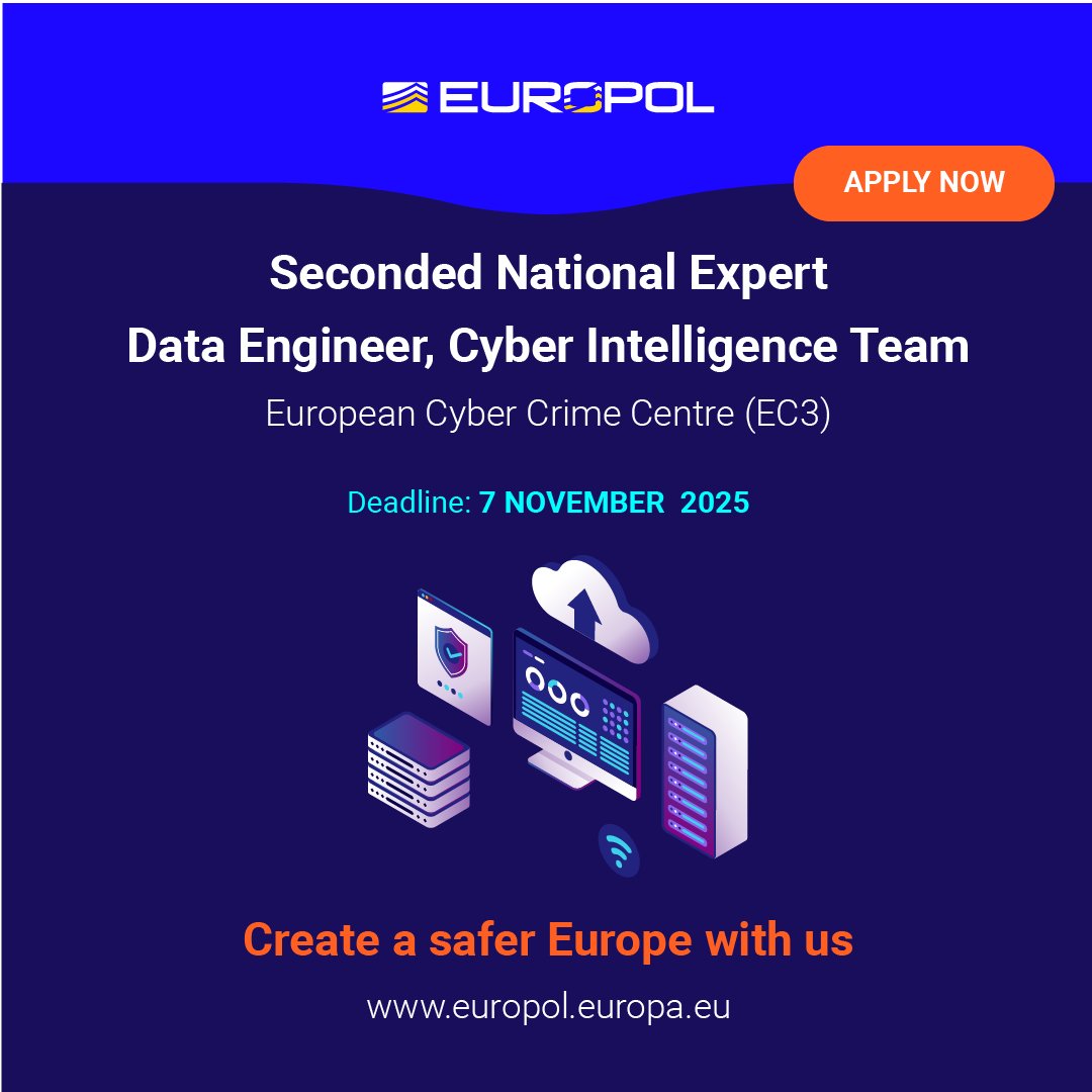 Europol's tweet image. 📢 We are #hiring!
Join Europol to design, build and maintain data infrastructure and pipelines within the Cyber Intelligence Team to support digital investigations and intelligence analysis.
Deadline: 7 November
🔗 Apply now: europol.europa.eu/careers-procur…
#JobOpening #EUCareers