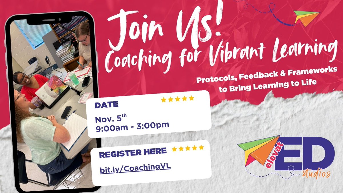 ✈️ Coaching for Vibrant Learning
Nov 5 | 9–3pm
For coaches + leaders who spend their days fueling others-  this is YOUR refill.

Reflect. Refuel. Reignite your impact.
🔗 Sign up →  bit.ly/CoachingVL
#VibrantLearning #InstructionalCoaching