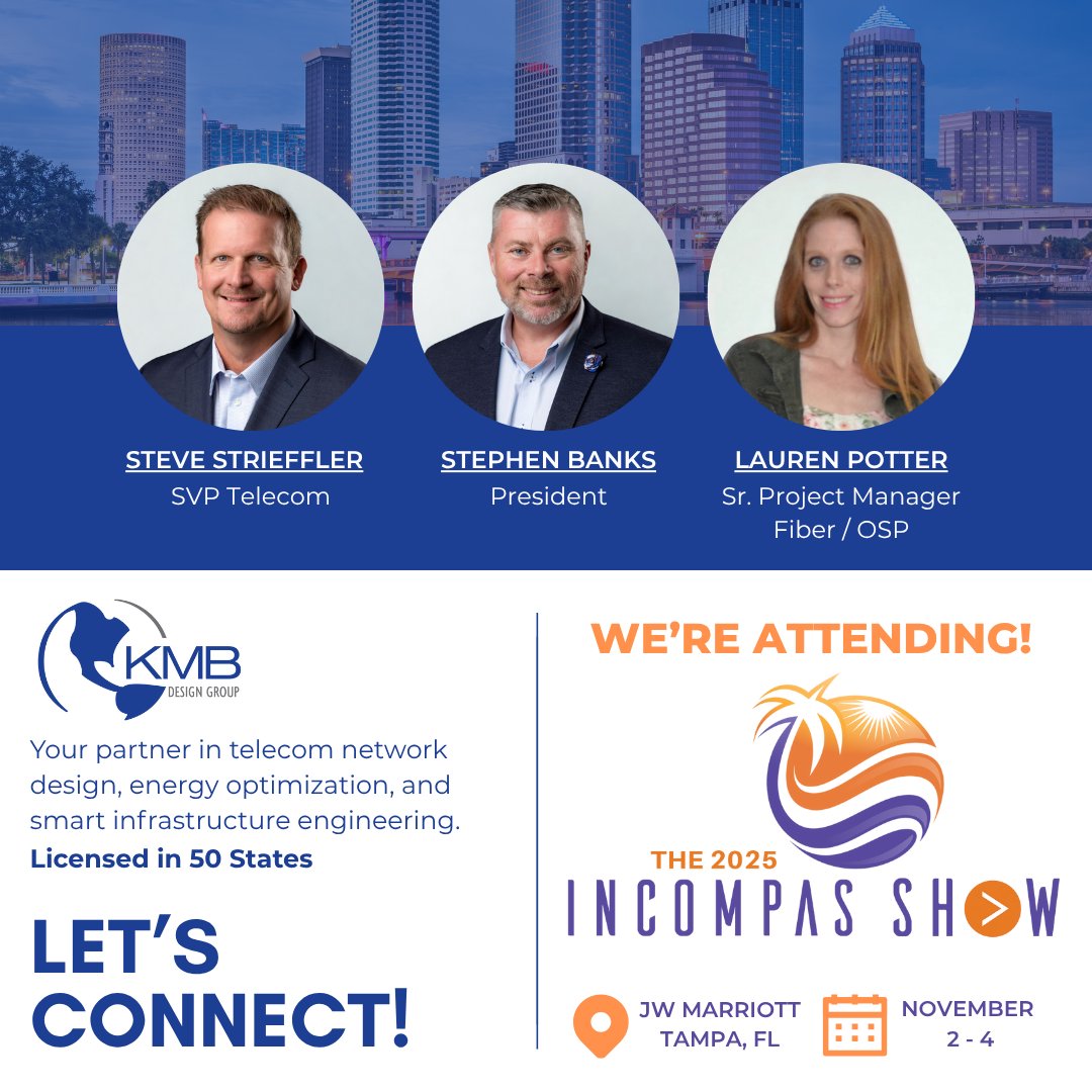 KMBDesignGroup's tweet image. We’re heading to Tampa, FL – Nov 2–4 for #INCOMPAS2025!

KMB is engineering the future of connected power — uniting Telecom, Fiber, Solar &amp;amp; BESS to build smarter, more resilient networks.

Let’s connect: 🔗 kmbdg.com/incompas-2025

#SmartInfrastructure #FiberDesign
