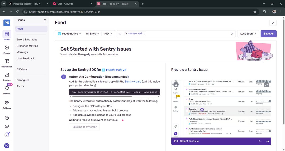 poojagrg1111's tweet photo. #LUD18
Done with the set up and integration of https://t.co/ZX87iKVatA in my app to monitor errors and improve performance tracking.
@learning_utsav
#LearningUtsav2025 #FestiveOfLearning https://t.co/0LhtSBCmK5