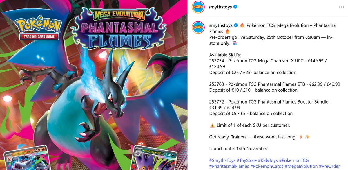 Alert #PokemonTCG #PhantasmalFlames for UK  : Pre-orders for Pokmon TCG  Mega Evolution ME2 "Phantasmal Flames" and Ultra-Premium Mega Charizard go  live the Saturday, October 25th, from 8:30 am (in-store only at