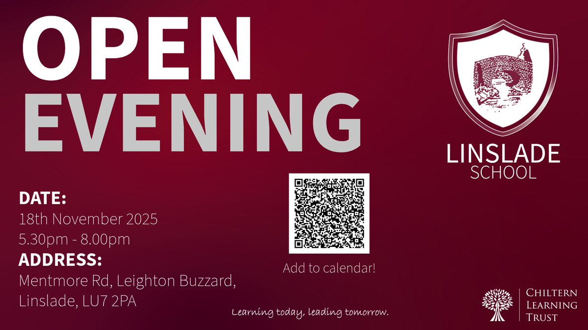 linsladeschool's tweet photo. Want to know what it's like to be a part of Linslade School? Join us for our Open Evening!
When: Tues, 18th Nov 2025 (5:30 PM - 8:00 PM)
Where: Linslade School, LU7 2PA
See you there! #ChilternLearningTrust #SchoolOpenDay #LeightonBuzzard https://t.co/KyX56LyA8O