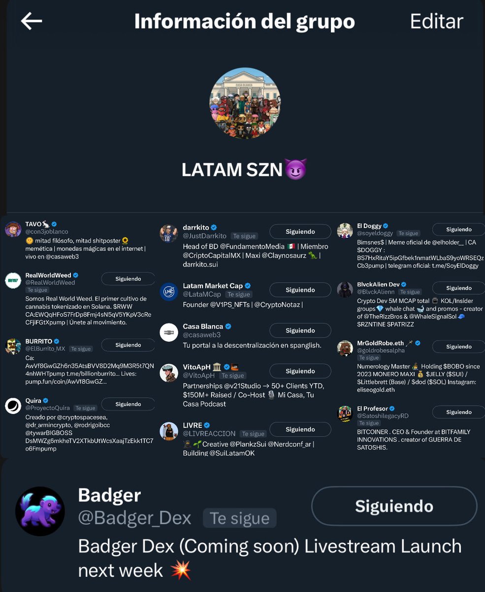 ¿Te imaginas estar en este grupo?😱🥰

Nuevo integrante de LATAM SZN con <a href="/casaweb3/">Casa Blanca</a> x <a href="/LataMCap/">Latam Market Cap</a>👇

<a href="/Badger_Dex/">Badger</a>