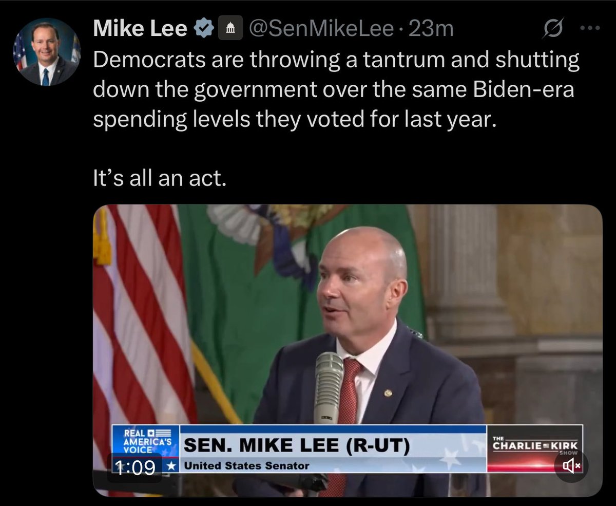 <a href="/SenMikeLee/">Mike Lee</a> Oh, be quiet.  The idiotic Big Beautiful Bill is going to add TRILLIONS to our deficit while gutting healthcare and beneficial programs for America’s working &amp; middle-class families, and this idiotic CR just hastens the damage.   

Stop lying to the American people.