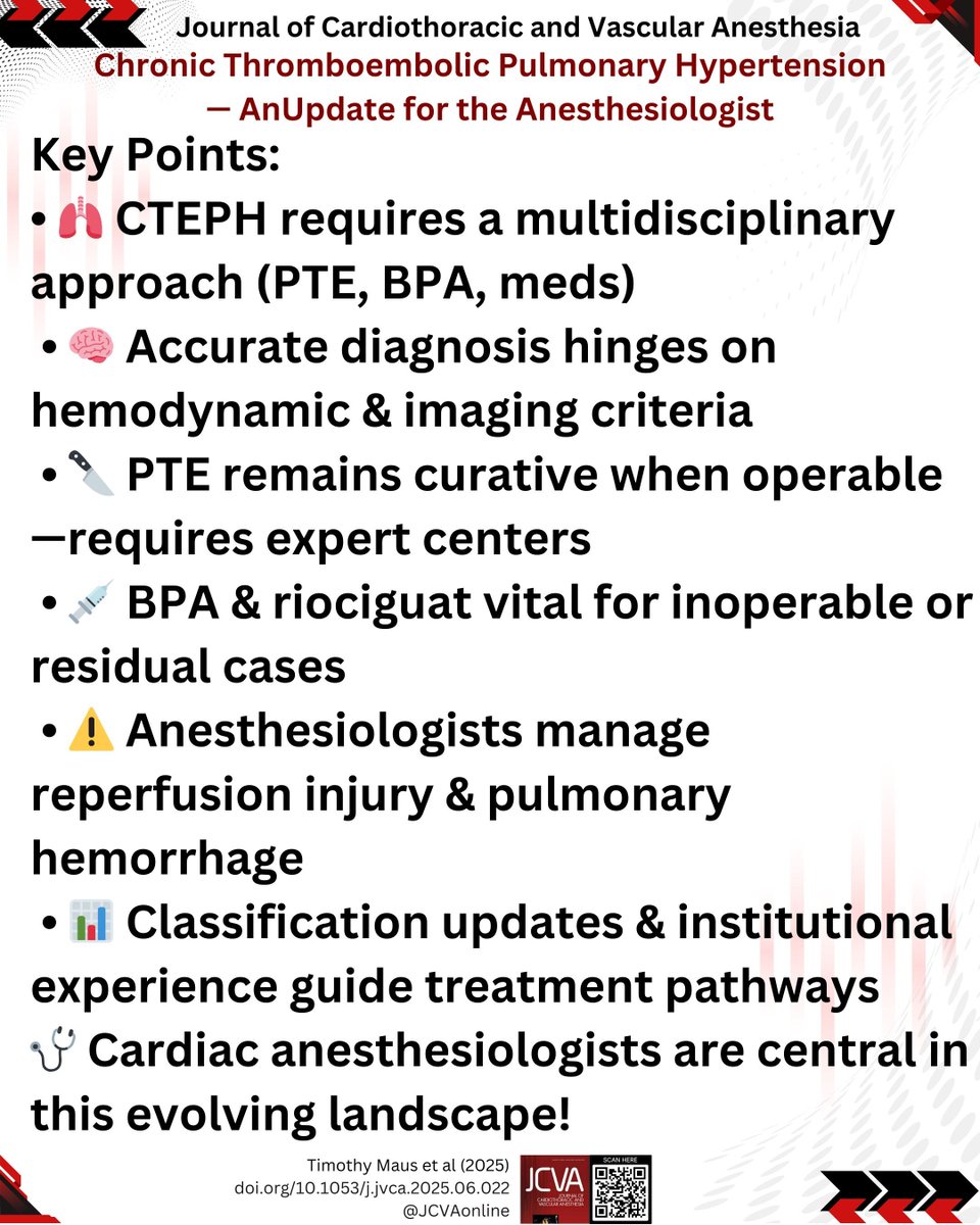 Chronic Thromboembolic Pulmonary Hypertension— AnUpdate for the Anesthesiologist
🫁 CTEPH in focus!
From diagnosis to anesthesia pearls, this JCVA review highlights surgical &amp; interventional options, including PTE &amp; BPA.
jcvaonline.com/article/S1053-…