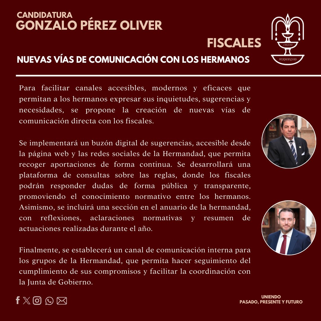 PROYECTO | 🔈Presentamos el proyecto de los Fiscales.

Su propuesta se centra en la revisión y actualización del Reglamento Interno, la consolidación del sistema de protección de datos, el fomento del trato cercano con los hermanos.

#CandidaturaGonzaloPerezOliver