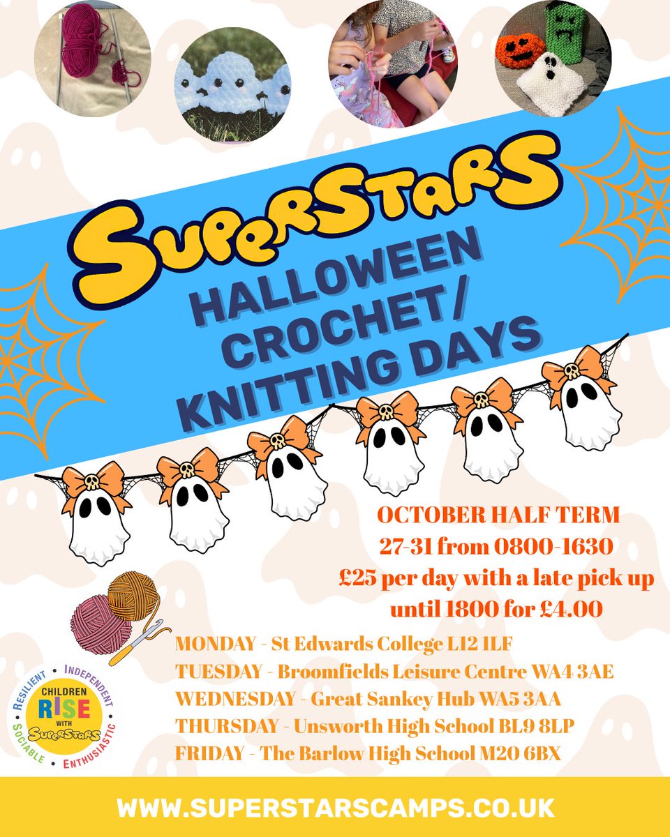 🎃 Get crafty this half term!

Join SuperStars Halloween Crochet &amp; Knitting Days (27–31 Oct) 👻
£25/day + optional late pick-up
🧶 Fun, friends &amp; spooky stitches!

👉 Book: bit.ly/4jc2Yy6

#holidayclub #halloween #crochet #craft