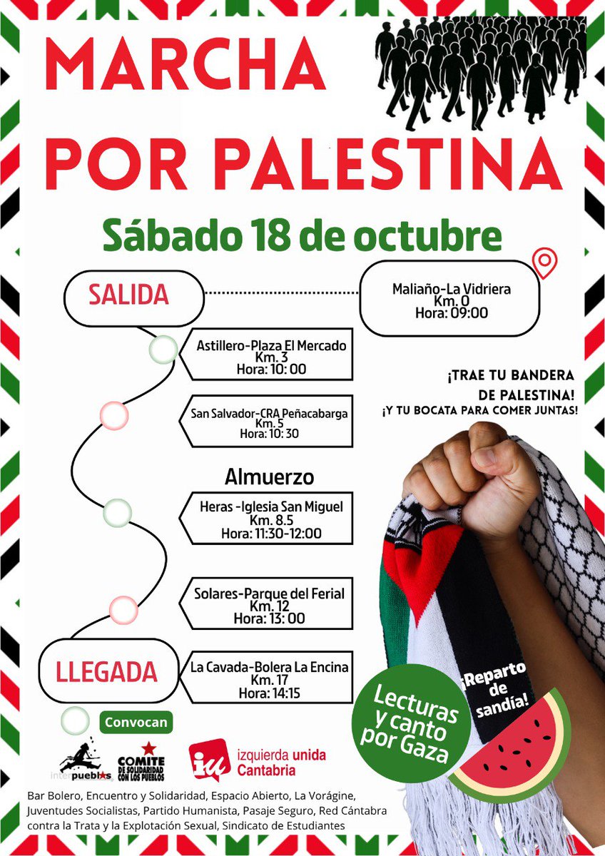 CInterpueblos's tweet photo. 🇵🇸Sábado 18 de octubre se celebrará la Marcha por Palestina, que recorrerá Cantabria desde Maliaño a La Cavada como muestra de solidaridad con el pueblo palestino y de denuncia del genocidio en Gaza. 

🇵🇸Palestina nos sigue necesitando‼ https://t.co/hppzXXtC0S