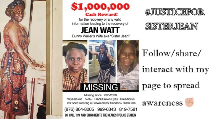 JeanAwareness's tweet photo. The Reggae Legend, Bunny Wailer's spouse, Sister Jean (AKA Jean Watt) is missing. She has been missing since May 2020, kingston, Jamaica. Please follow my pages (you can find on my profile) and view my latest videos to be informed #JUSTICEFORSISTERJEAN #MissingPersonAlert https://t.co/VqDMDzk0xf