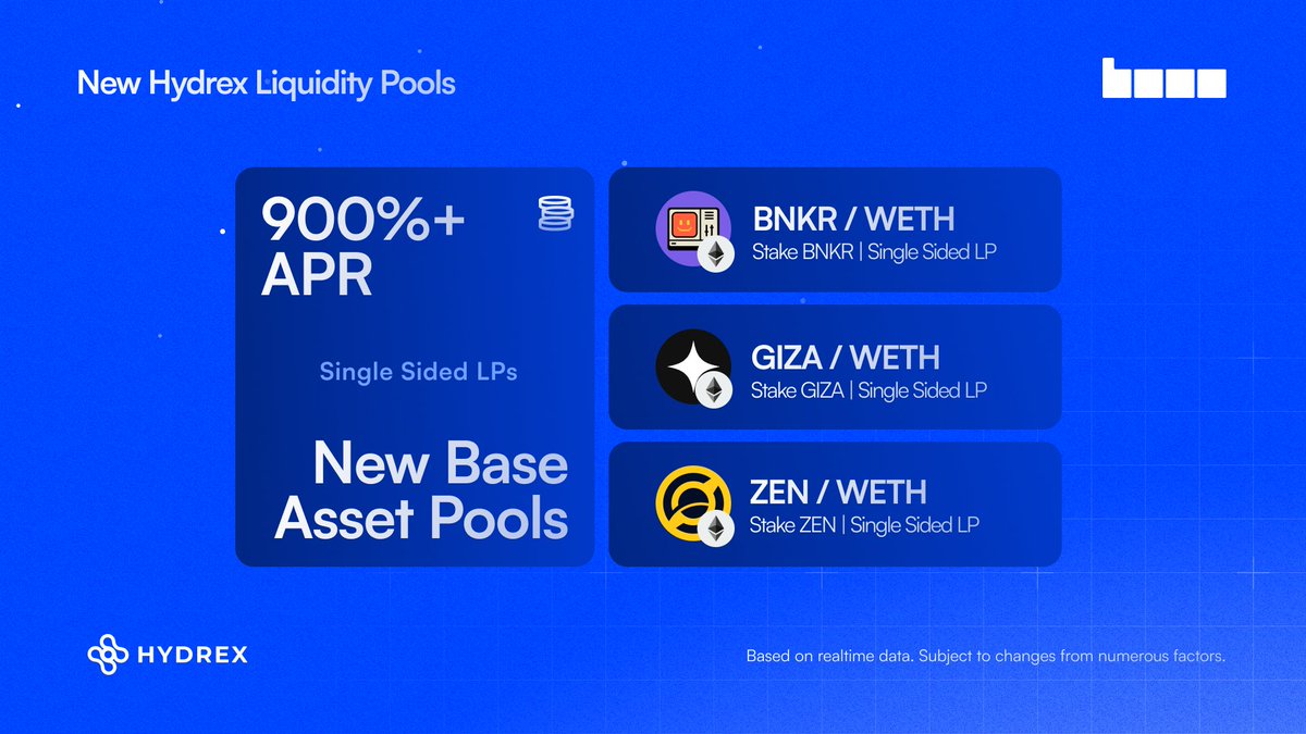 HydrexFi's tweet photo. 3 new Hydrex liquidity pools have been added for favorite Base tokens.

Start earning now with single sided LP deposits on $BNKR, $GIZA, &amp; $ZEN. https://t.co/iQA7WoxKY6