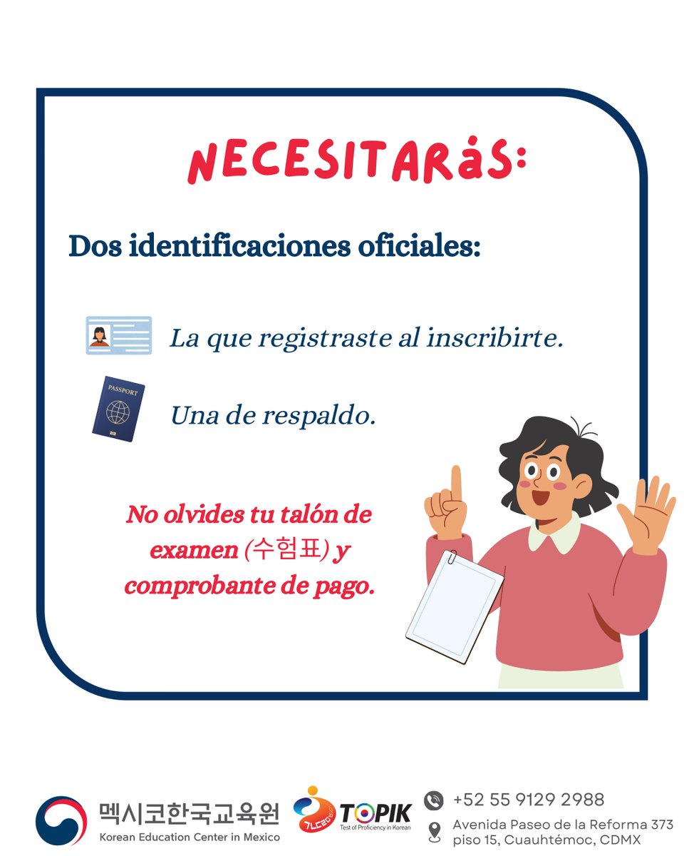 kec_mexico's tweet photo. ¿Preparándote para el TOPIK? ✍️🇰🇷
📝 Conoce las indicaciones finales, objetos permitidos y prohibidos para evitar contratiempos.
⏰ ¡Recuerda llegar 30 minutos antes! Una vez cerradas las puertas, no hay excepciones.
#TOPIK #KECMX #GuíaTOPIK #TOPIK102 https://t.co/bmyWBdYc5U