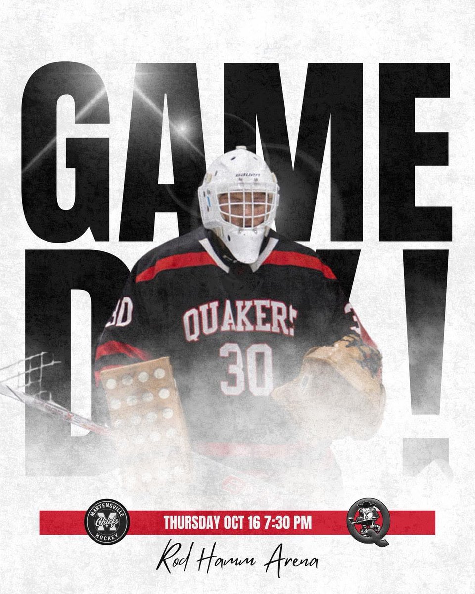 It’s GAME DAY! 

We host the Martensville Chiefs tonight back at home.

🕢 Puck Drop: 7:30 PM
📍 Rod Hamm Arena

#QuakersHockey | #GameDay
