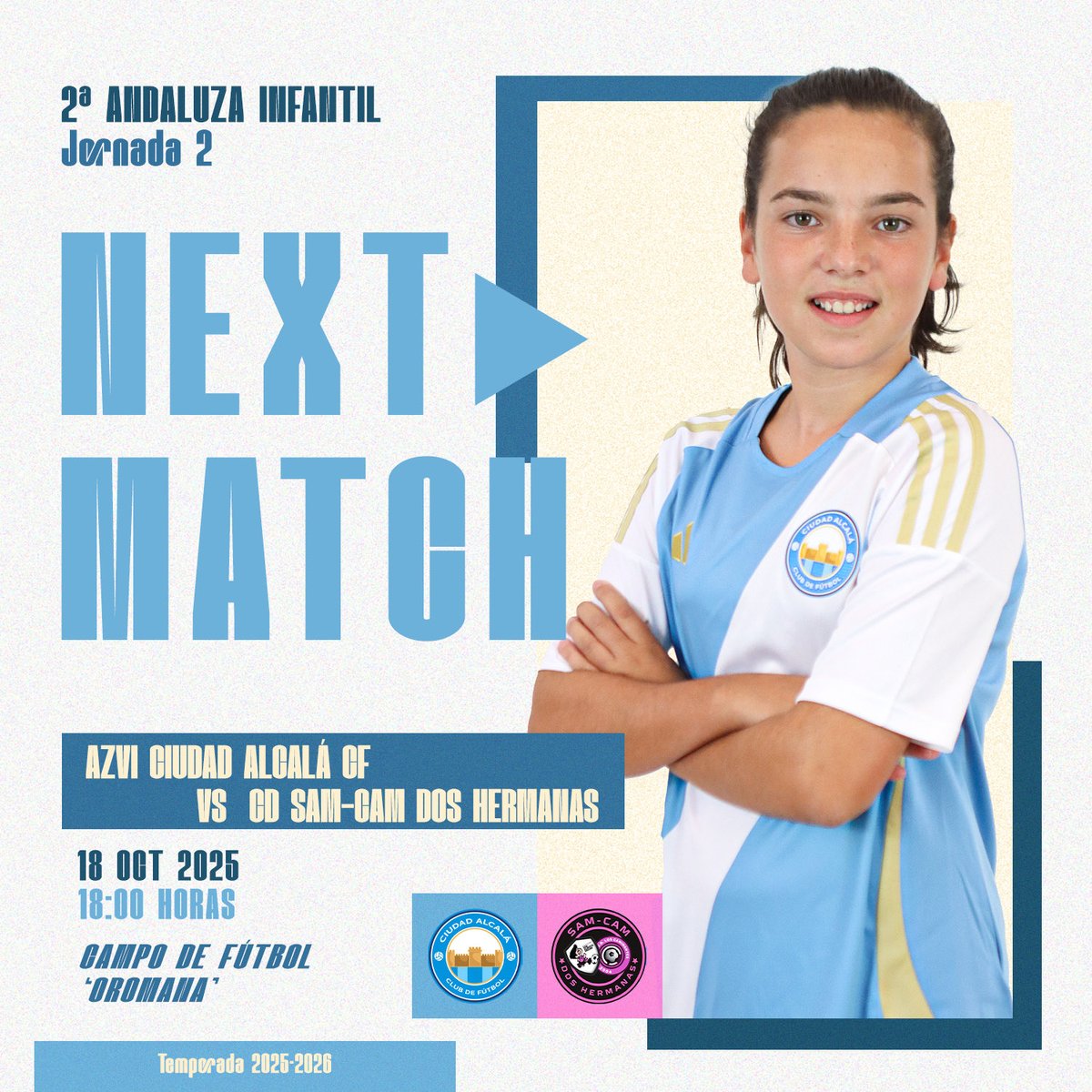 CiudadAlcalaCF's tweet photo. 🏟️ 𝐎𝐫𝐨𝐦𝐚𝐧𝐚 𝐥𝐥𝐚𝐦𝐚 𝐚 𝐥𝐚𝐬 𝐢𝐧𝐟𝐚𝐧𝐭𝐢𝐥𝐞𝐬 ☝🏼

😃 Llega el debut en casa del Azvi #CiudadAlcaláCF Infantil, que tratará de sumar la segunda victoria del año este sábado.

🆚 #CDSAMCAM
⏰ 18:00h
📍 Campo de Fútbol Oromana

#AlcaládeGuadaíra #FutFem 🩵🤍🩵 https://t.co/zz6bQdsJwz