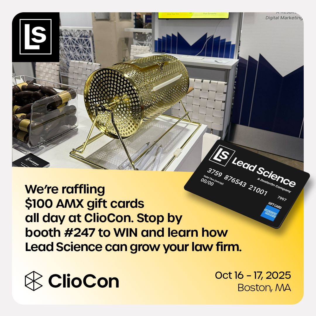 _LeadScience's tweet photo. The Lead Science team wants to give you $100 and the secret to growing your law firm.

Stop by Booth #247 at ClioCon today &amp; tomorrow to enter our raffle and talk about how Lead Science can make your firm money. @goclio

There's a science to digital marketing. Lead Science. https://t.co/jf97ULE0gZ