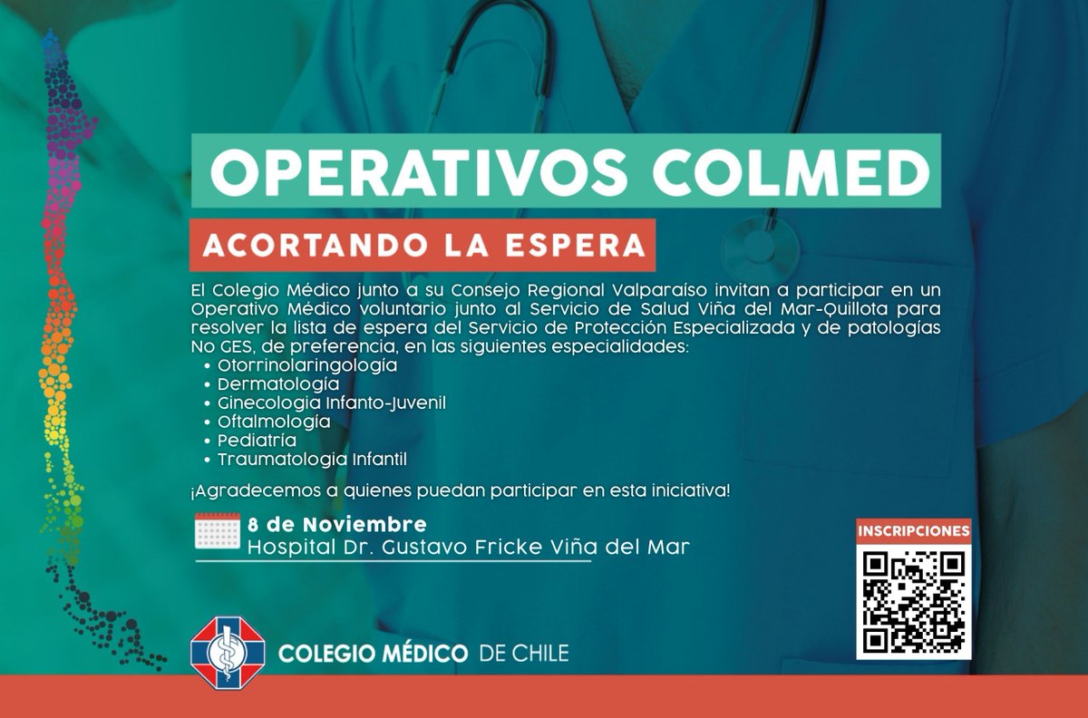 ¡Seguimos acortando la espera!
El Colegio Médico de Chile junto al Consejo Regional Valparaíso invitan a médicas y médicos de todo el país a participar en un Operativo Médico Voluntario junto al Servicio de Salud Viña del Mar–Quillota, enfocado en resolver atenciones pendientes