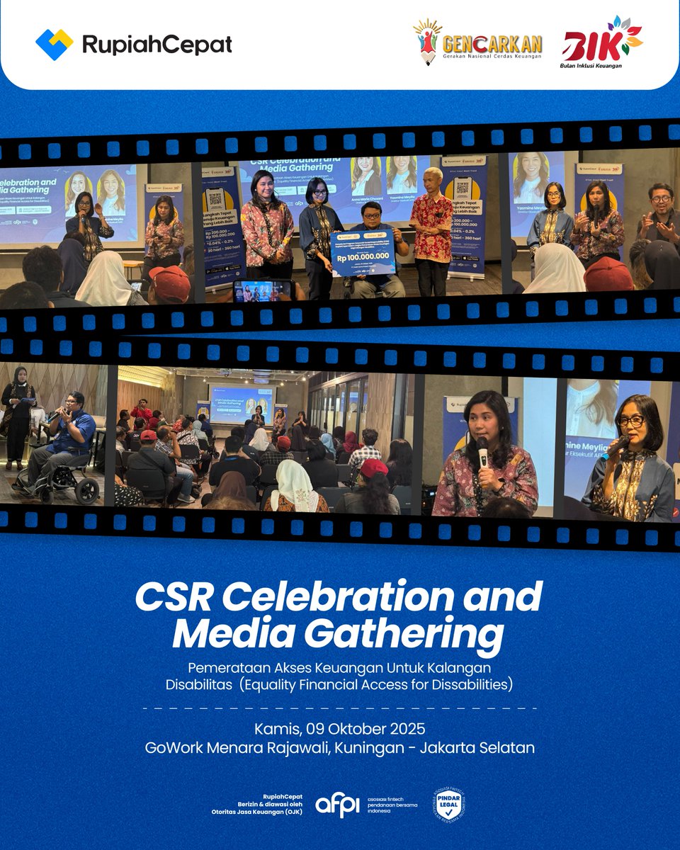 RupiahCepat bersama AFPI menggelar kegiatan “Pemerataan Akses Keuangan untuk Kalangan Disabilitas” sebagai bentuk nyata komitmen kami mendukung inklusi keuangan di Indonesia 💙

Melalui program ini, kami berharap semakin banyak masyarakat termasuk teman-teman disabilitas yang