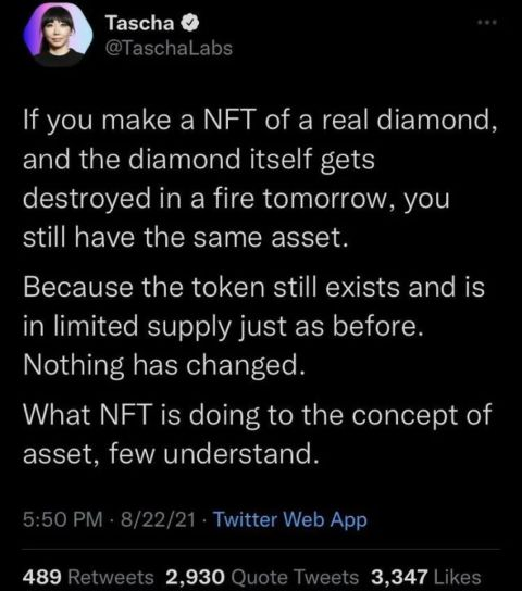 If you make a NFT of a real stock, &amp; the stock itself gets destroyed by Citadel naked-shorting to $0, you still have the same asset.
B/c the token still exists &amp; is in limited supply just as before.
Nothing has changed. 
What NFT is doing to the concept of stock, few understand.