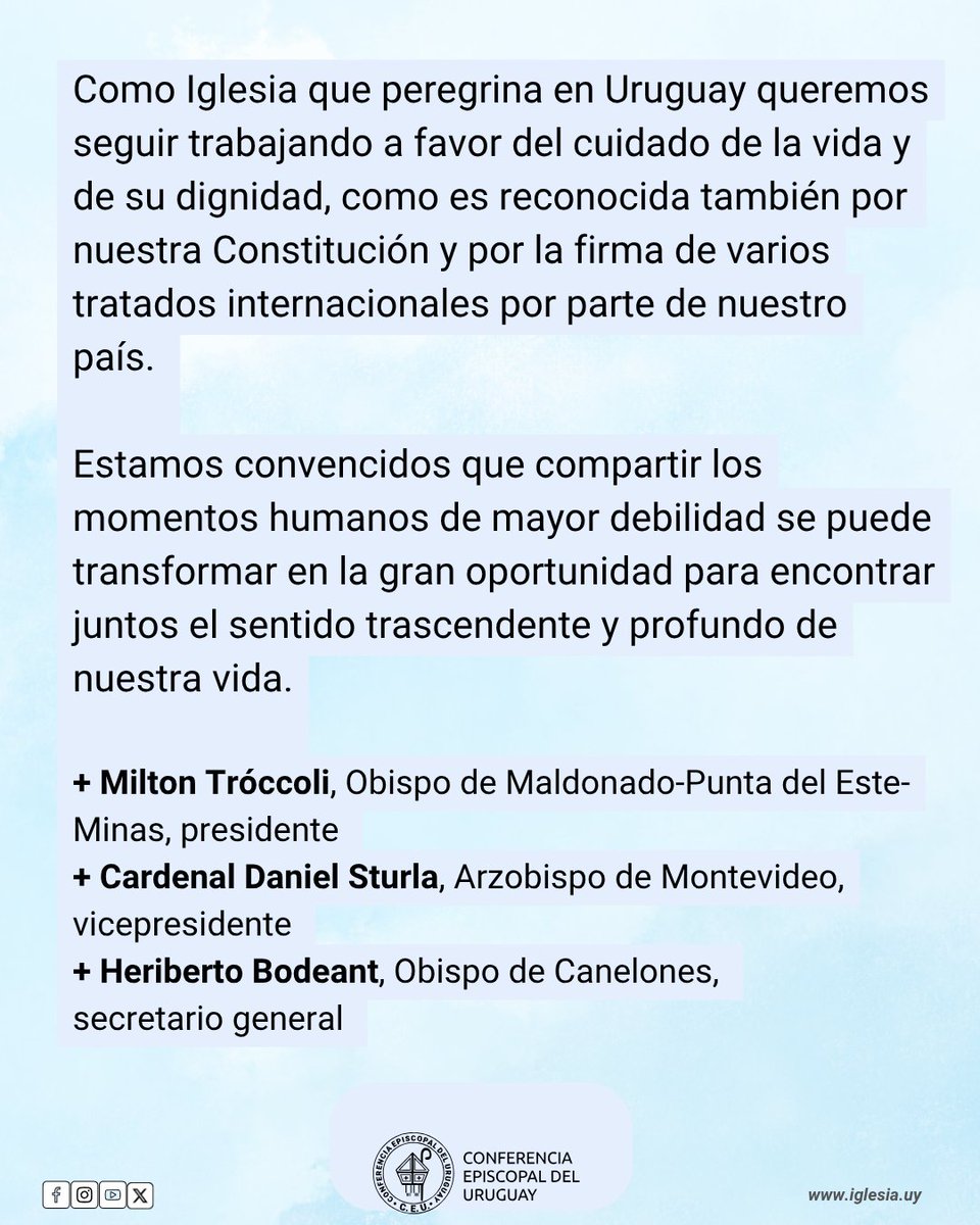 franciscanasmfv's tweet image. COMUNICADO DE LA CEU (Conferencia Episcopal Uruguaya).  
Ante la aprobación de la Ley de Eutanasia en Uruguay.

#LaVidaEsLoPrimero  
#eutanasia qué triste!!!
#ceu