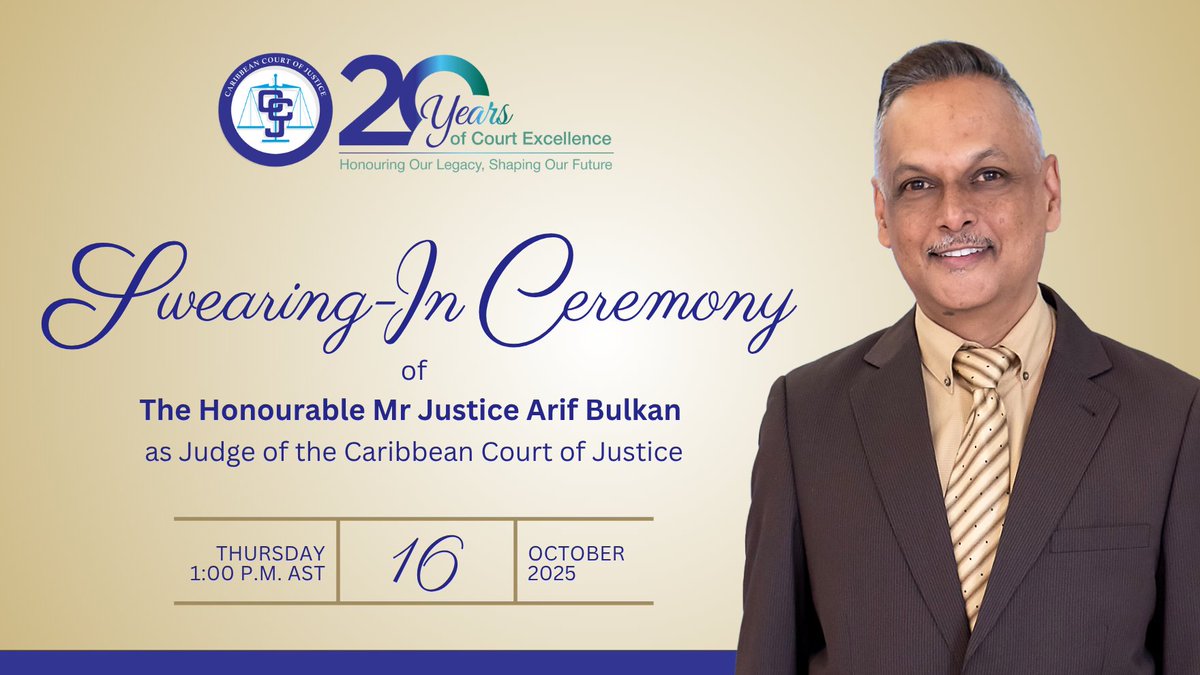 Today, 16 October 2025 at 1:00 p.m. AST, the Honourable Mr Justice Arif Bulkan will be sworn-in as a #Judge of the #CaribbeanCourtofJustice. View the ceremony live here: loom.ly/HjP3ZE0.