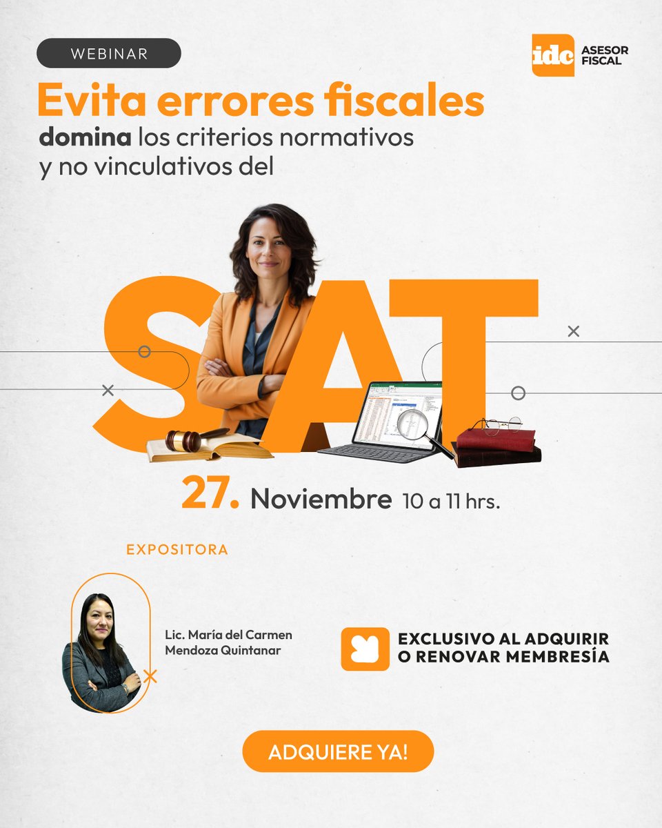 🔍 Domina los criterios del SAT y evita errores en tus obligaciones fiscales.

Con tu membresía IDC, obtén acceso GRATUITO al webinar, una oportunidad de actualización exclusiva para nuestros suscriptores.

Suscríbete 👉 idconline.mx/suscribete

#IDCOnline #SAT #WebinarGratis