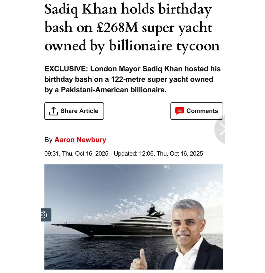 🚨SADIQ KHAN - MASSIVE HYPOCRITE

Tells everyone to give up their cars and ride bikes for NetZero

Meanwhile he's off on a SUPERYACHT

What a P.O.S