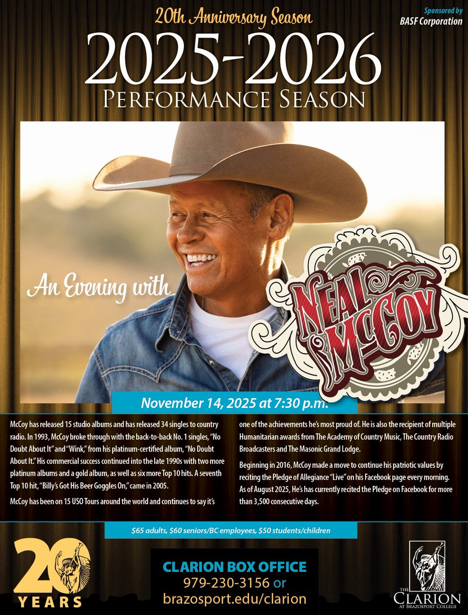 TheClarionatBC's tweet photo. Neal McCoy is coming to The Clarion at Brazosport College on November 14 at 7:30 PM! 

Don’t miss a night of high-energy country music.

🎟️ Tickets: https://t.co/XGNMkkx8rl

#NealMcCoy #CountryMusic #Wink #TheShake #NoDoubtAboutIt #BillysGotHisBeerGoggles #TheClarionatBC https://t.co/gz1OLJt85n