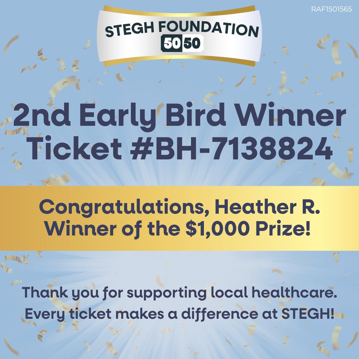 🎉 Congrats to our Early Bird Winner! 🎉
Ticket #BH-7138824 Heather R. won $1,000 CASH!

🌟 Final Early Bird: Oct 23 – $1,000
💰 Jackpot $19K+ &amp; growing!

🎟️ ow.ly/4bJu50XcAOq

#STEGHFoundation5050 #STEGHFoundation #STEGH