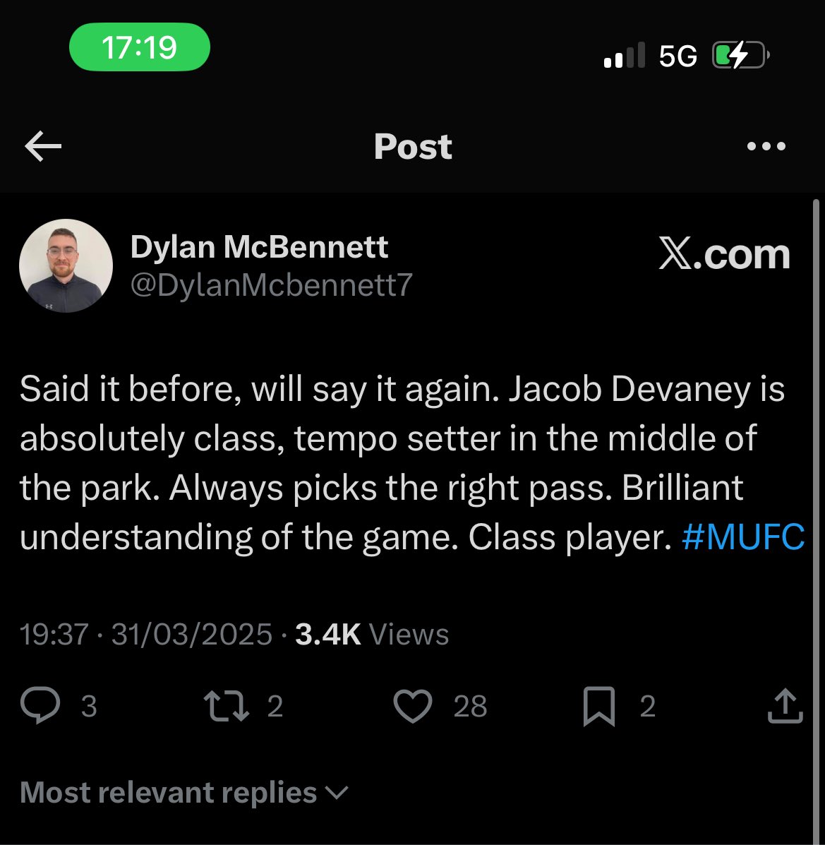Dylan McBennett (@dylanmcbennett7) on Twitter photo Not surprised, top top player. #MUFC Not surprised, top top player. #MUFC