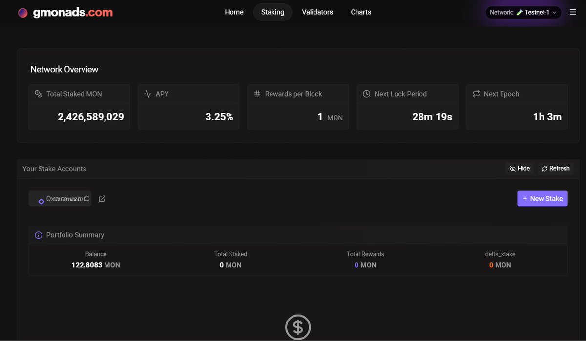 LeonardJ_24's tweet image. STAKING IS LIVE ON TESTNET-1

delegate and assign your testnet MON tokens to earn staking rewards

✅You can stake on
1. Default Monad Staking Platform
🔗gmonads.com/staking

2. on MonadExplorer
🔗testnet.monadexplorer.com/validators

Are you staking your $MON???