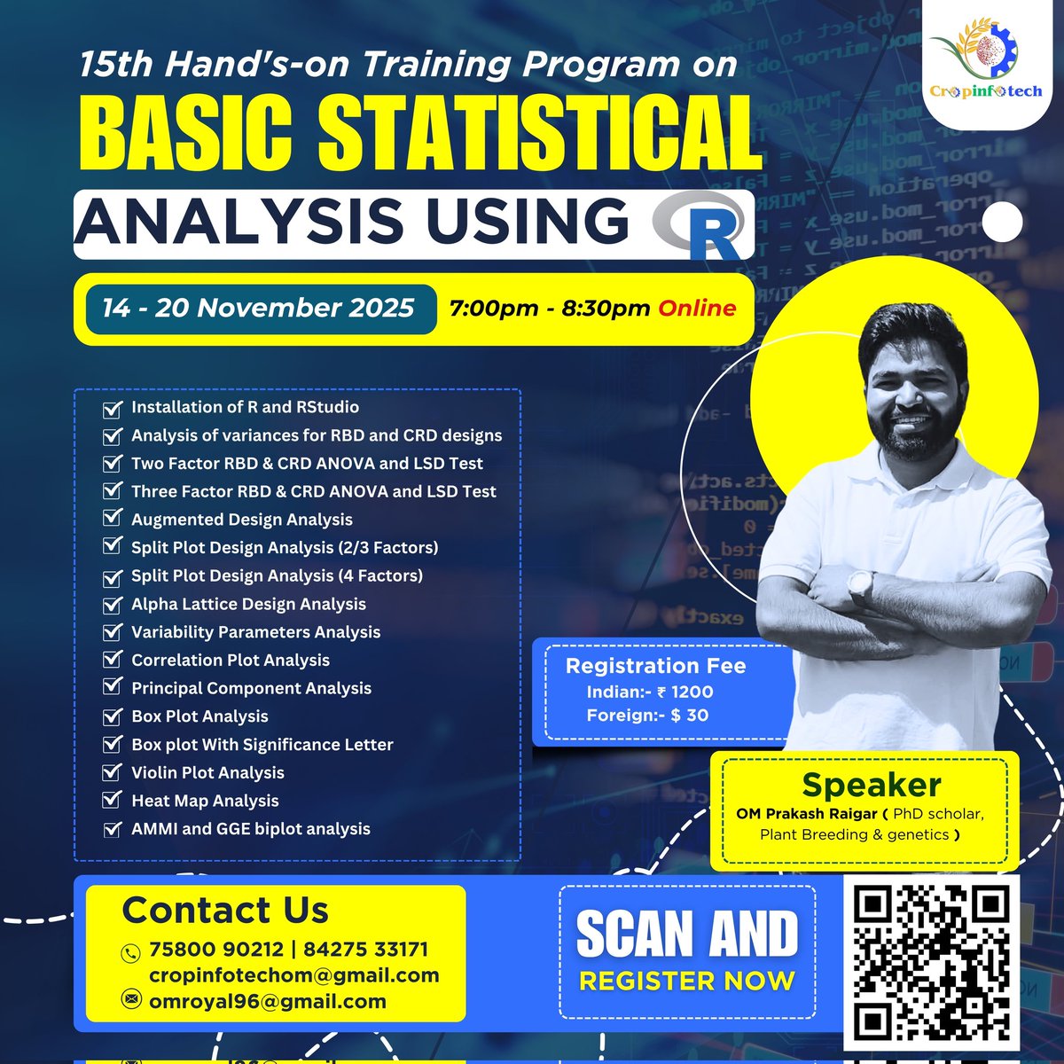 Join the 15th Hands-on Training Program on Basic Statistical Analysis Using R

🚀 Limited Seats – Don’t Miss Out!
👉 Register Now: cropinfotech.in

#RTraining #DataAnalysis #EyeForData #Cropinfotech #RProgramming #OnlineWorkshop #ResearchSkills #StatisticalAnalysis #Data