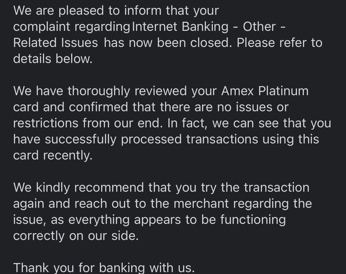 I have raised an issue regarding Amex Platinum Card with <a href="/bankofmaldives/">Bank of Maldives</a> which I am dealing with since January. BML didn’t respond to my messages for two weeks after asking me for more details and then send me this email saying BML is pleased to inform it’s resolved.  ITS NOT 🤦‍♂️