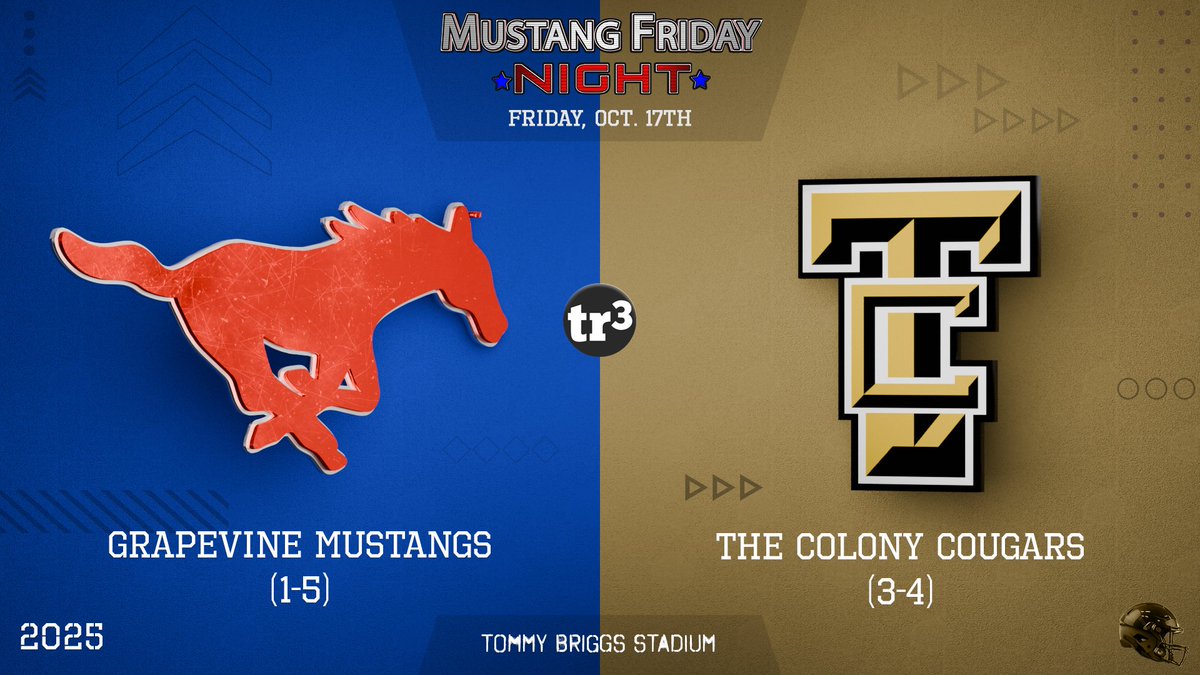 TOMORROW (Friday) watch <a href="/GHSMustangsFB/">GHSMustangsFootball</a> travel to The Colony for a District matchup.  Pregame is 6:30/ Kick is 7:00pm.  Live on our <a href="/YouTube/">YouTube</a> channel, or get there with tr3.live/mustangs <a href="/coachrsmith12/">Coach Ryan Smith</a> #MustangID