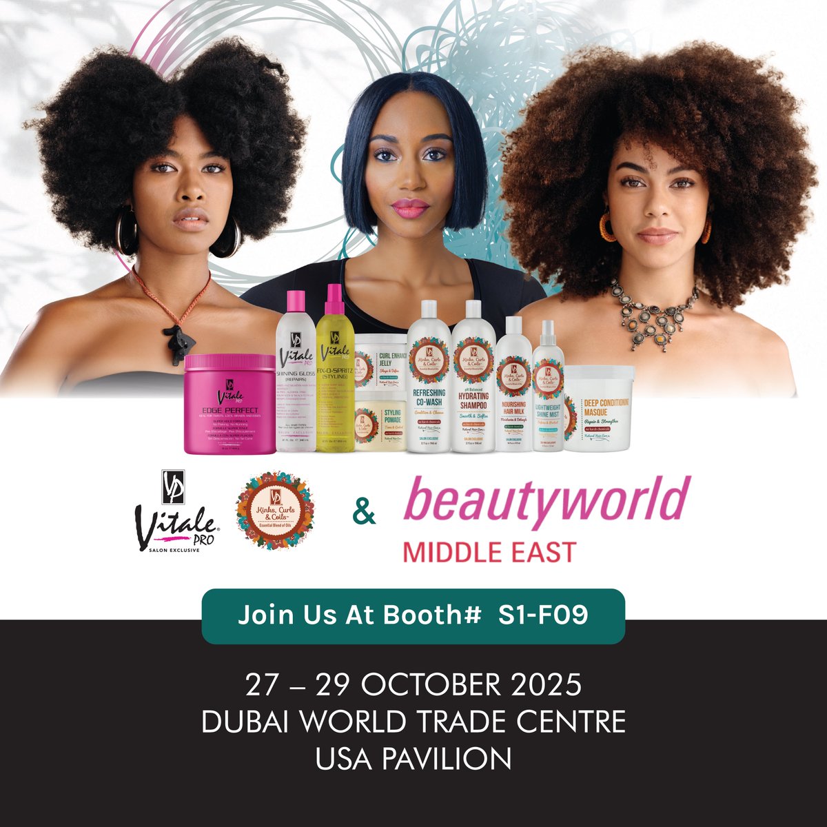 vitale_pro's tweet photo. Vitale Pro &amp; KCC is heading to Dubai! Visit us at Booth #S1-F09 to explore our range of hair care and salon professional products. You'll love what we have in store! ✨⭐️

#VitalePro #KinksCoilsCurls #AFAMbeauty  #AFAMbeautyDubai #AFAMbeautyUAE 
#BeautyWorldMiddleEast #Dubai https://t.co/lVRGJBDy0q