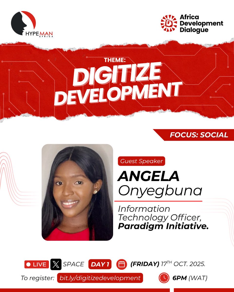 Meet one of our Guest Speaker for Day 1 🚀

• <a href="/OnyegbunaAngela/">Angela Onyegbuna</a> 
Information Technology Officer, Paradigm Initiative.

Hurry now and register:
👇🏽👇🏽👇🏽
bit.ly/digitizedevelo…