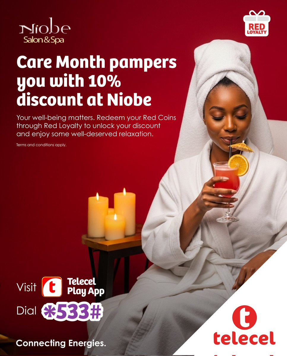 Self-care just got better with Telecel! Enjoy 10% off your next pamper session at Niobe Salon &amp; Spa when you redeem your Telecel Red Coins through Red Loyalty. Visit the Telecel Play App to redeem now.