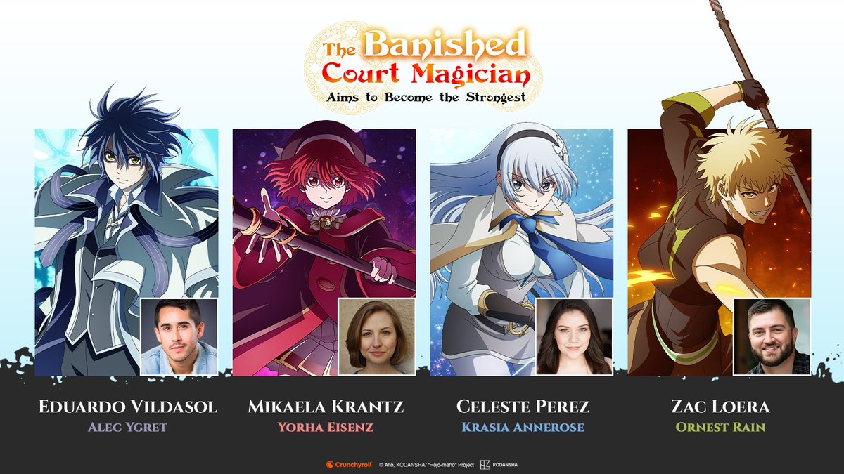 The English dub of The Banished Court Magician Aims to Become the Strongest begins this Saturday! 🗡️

Alec - <a href="/eduardovildasol/">Eduardo Vildasol</a>
Yorha - <a href="/mikaelajokrantz/">Mikaela Krantz</a>
Krasia - <a href="/CelezPerez_/">Celeste Perez - Voice Actor 🥾🚮💥</a>
Ornest - <a href="/ZLoeraVO/">Zac Loera</a>

✨ CAST &amp; CREW: got.cr/BanishedCourtD…