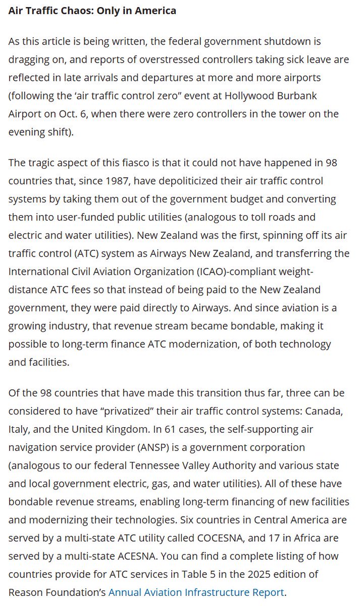A good and important point here from Reason's Bob Poole: shutdown-related problems at US air traffic control (and resulting US airport chaos) are a uniquely American policy failure:

reason.org/aviation-polic…