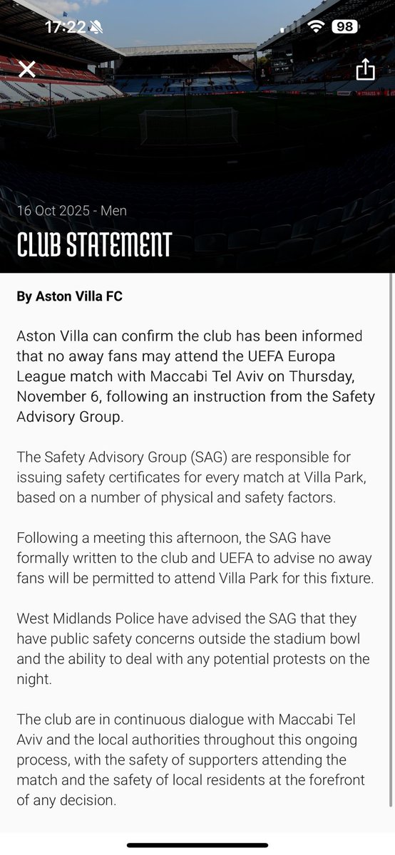 Aston Villa and West Midlands Police have just banned Maccabi Tel Aviv fans from attending their fixture away fixtures in Birmingham next month. Thoughts?