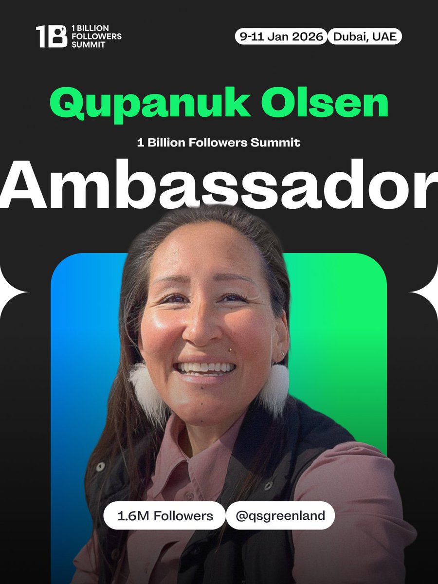 Qupanuk Olsen, Greenland’s top content creator, mining engineer, and newly elected Member of Parliament, joins #1BillionSummit as an ambassador for its fourth edition.
She is known for sharing authentic stories about Greenland’s culture, language, food, and life in the wild.

🎟️