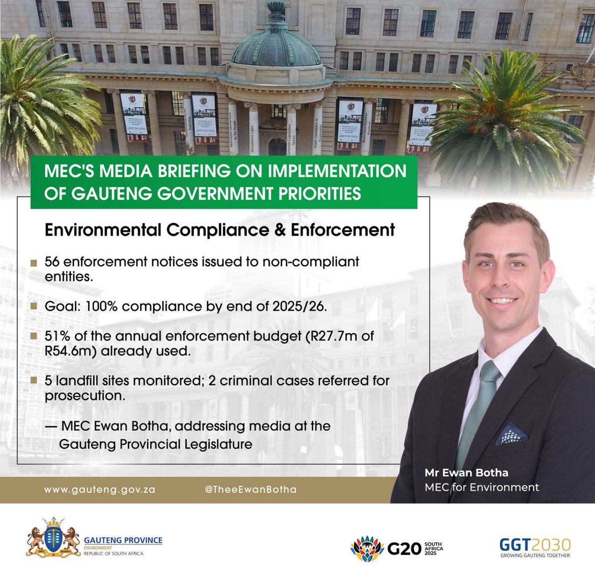 GPEnvironment's tweet photo. โ๏ธ Environmental Compliance
โCompliance is not optional.โ โ MEC Botha
56 enforcement notices issued as Gauteng cracks down on polluters to protect communities. ๐
#GPEnvironment #GreenScorpions #EnvironmentalJustice https://t.co/u9g6NdTfd3
