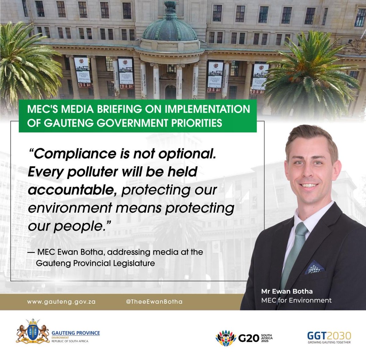 GPEnvironment's tweet photo. โ๏ธ Environmental Compliance
โCompliance is not optional.โ โ MEC Botha
56 enforcement notices issued as Gauteng cracks down on polluters to protect communities. ๐
#GPEnvironment #GreenScorpions #EnvironmentalJustice https://t.co/u9g6NdTfd3