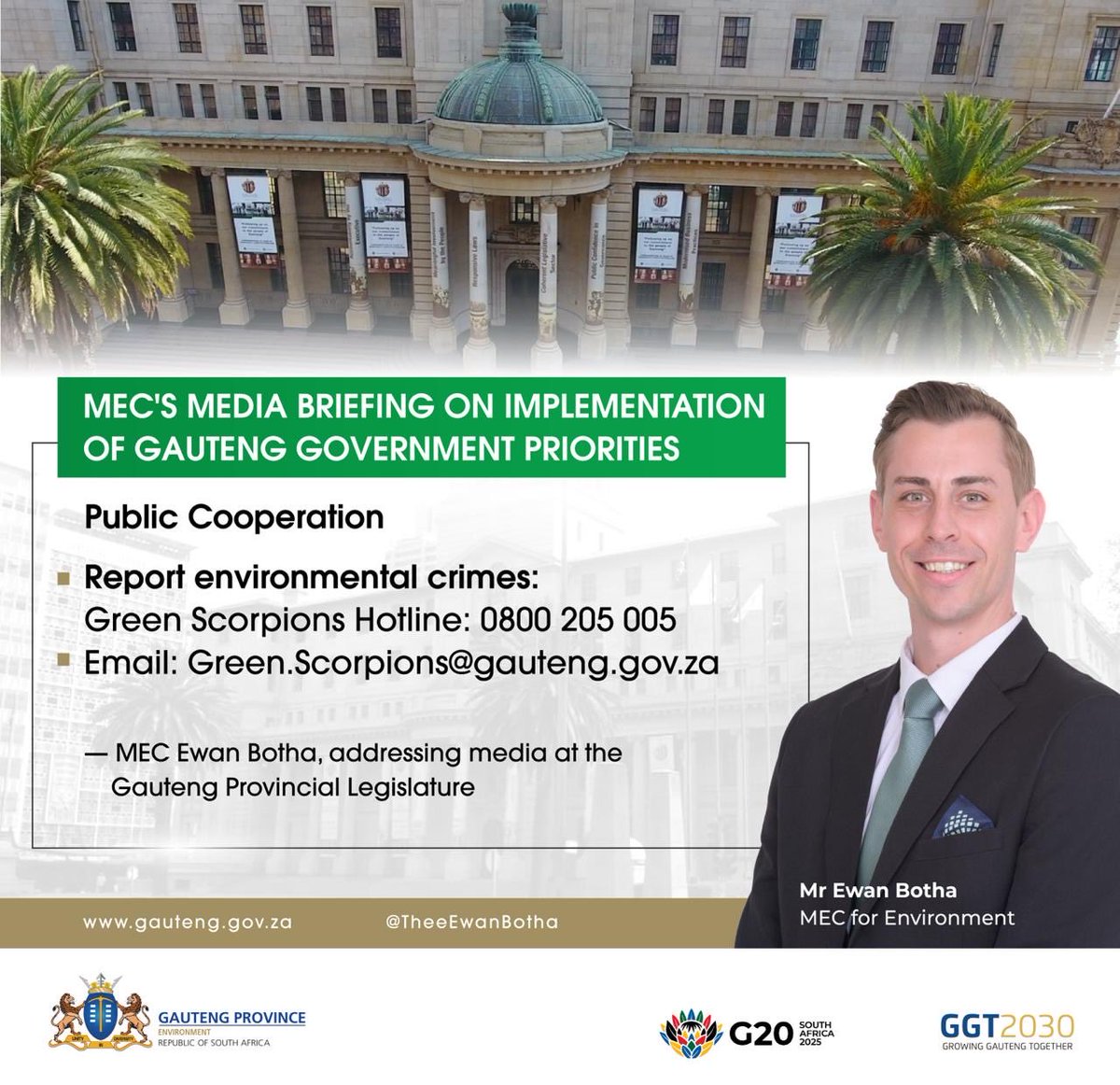 GPEnvironment's tweet photo. โ๏ธ Environmental Compliance
โCompliance is not optional.โ โ MEC Botha
56 enforcement notices issued as Gauteng cracks down on polluters to protect communities. ๐
#GPEnvironment #GreenScorpions #EnvironmentalJustice https://t.co/u9g6NdTfd3