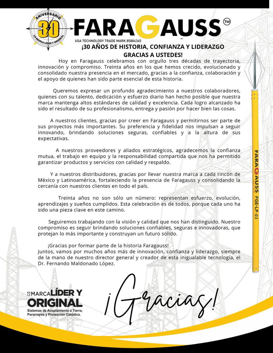 FaragaussMx's tweet image. Este 16 de octubre estamos de fiesta, cumplimos 30 años de ser la marca líder en sistemas de #Pararrayos #TierrasFísicas y #PuestaATierra y no nos queda más que agradecerles por su confianza. Nuestro compromiso es seguir cuidando de la gente y su patrimonio ¡Gracias!