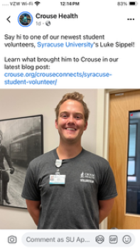 AphasiaLabSU's tweet image. Our very own Aphasia Lab student, Luke Sippel, featured as a volunteer at our local hospital, Crouse Health.