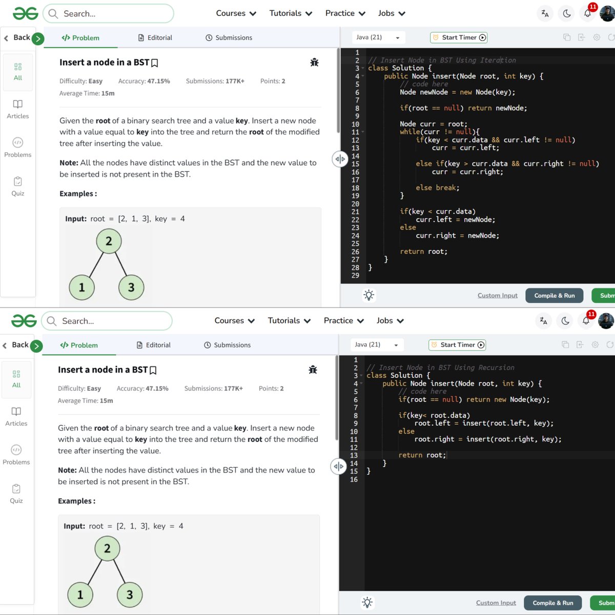 amanhaidry's tweet image. 🗓️Day 85/100
#100DaysOfCode with @GeeksforGeeks 🚀
#BinaryTree
✅Lowest Common Ancestor
#binarysearchtree
✅Introduction
✅Insertion
✅Searching
✅Sorted Elements
✅Minimum Element
🔗Course Link: geeksforgeeks.org/nation-skill-u…
#skillupwithgfg #nationskillup #DSA #geeksforgeeks #gfg