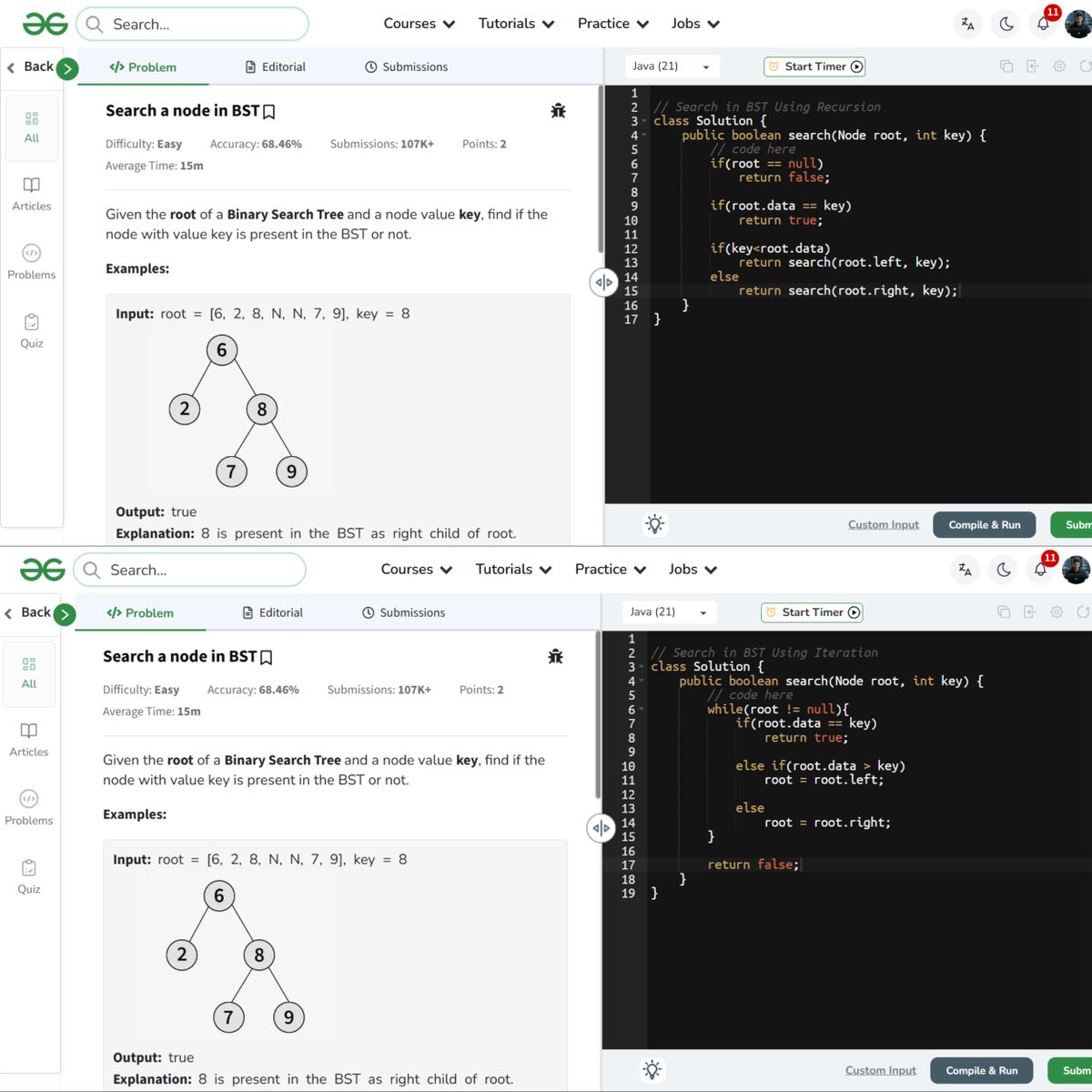 amanhaidry's tweet image. 🗓️Day 85/100
#100DaysOfCode with @GeeksforGeeks 🚀
#BinaryTree
✅Lowest Common Ancestor
#binarysearchtree
✅Introduction
✅Insertion
✅Searching
✅Sorted Elements
✅Minimum Element
🔗Course Link: geeksforgeeks.org/nation-skill-u…
#skillupwithgfg #nationskillup #DSA #geeksforgeeks #gfg