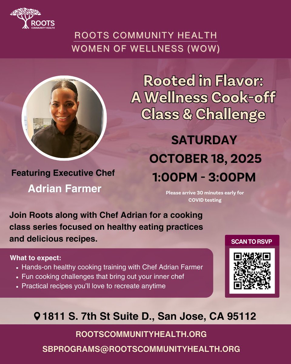 RootsEmpowers's tweet image. Join us for another hands-on cooking class, where you can make healthy recipes you can recreate anytime at home! 

📅 Sat., October 18
🕐 1:00 PM – 3:00 PM
📍 1811 S. 7th St. Suite D., San Jose, CA

Sign up here:  ow.ly/xHgy50X7o8H

#RootsEmpowers #CookingChallenge #SanJose