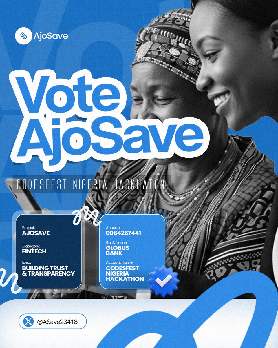 AjoSafe's tweet image. The wait is over! 
Voting for the CodeFest Hackathon 2025 has officially begun.
From idea to impact 🌍
- AjoSave is reimagining how communities save with 
trust, transparency, and security at the core.
Voting is live 🗳️
Every vote brings us closer to making this vision real.